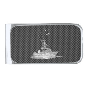 Chrome Style Fishing Boat on Carbon Fiber Silver Finish Money Clip