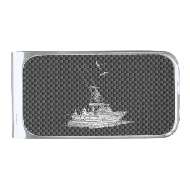 Chrome Style Fishing Boat on Carbon Fiber Silver Finish Money Clip (Front)