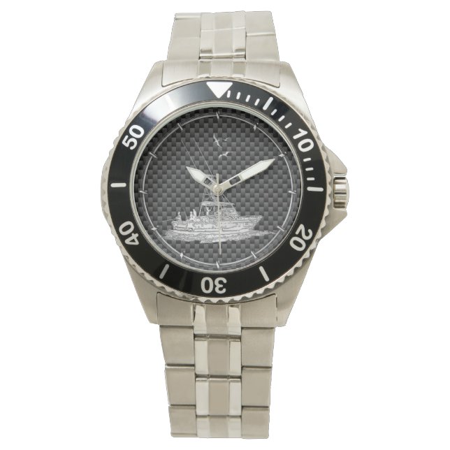 Chrome Style Fishing Boat on Carbon Fiber Watch (Front)