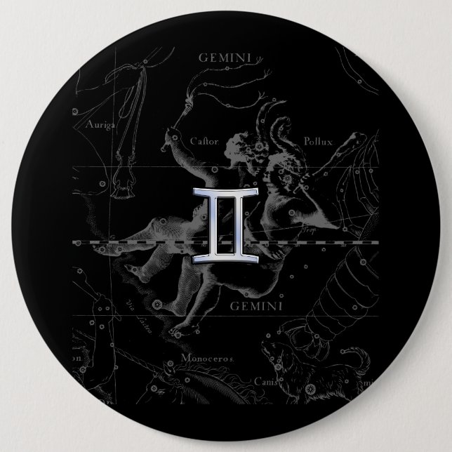 Chrome Style Gemini Zodiac Sign on Hevelius Button (Front)