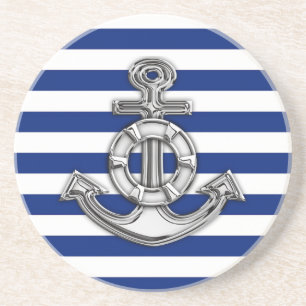 Chrome Style Lifesaver on Nautical Stripes Sandstone Coaster