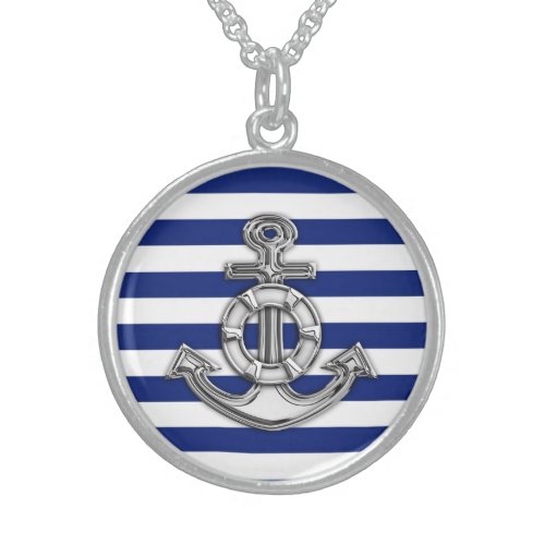 Chrome Style Lifesaver on Nautical Stripes Sterling Silver Necklace