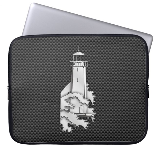 Chrome Style Lighthouse on Black Carbon Fiber Laptop Sleeve (Front)