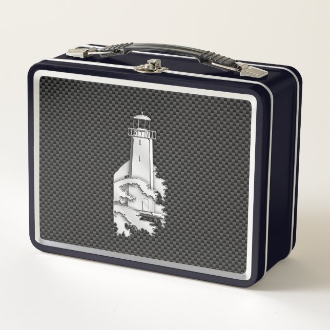 Chrome Style Lighthouse on Black Carbon Fiber Metal Lunch Box (Front)
