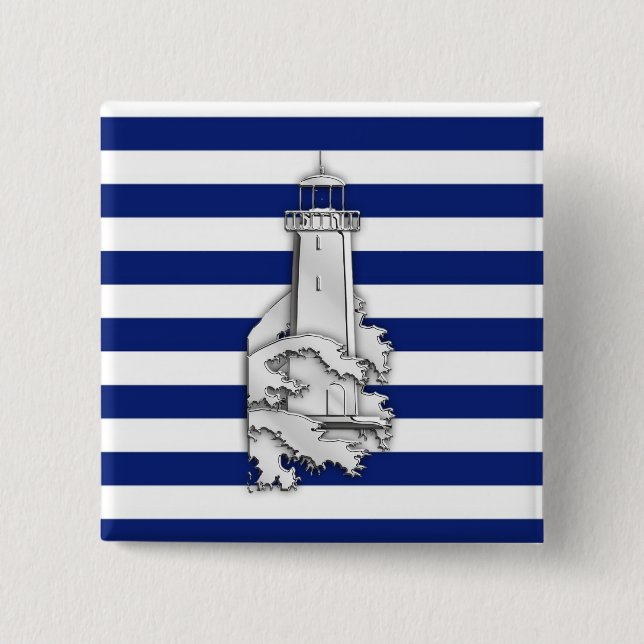 Chrome Style Lighthouse on Blue Nautical Stripes Button (Front)