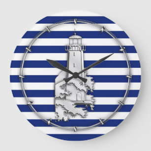 Chrome Style Lighthouse on Blue Nautical Stripes Large Clock