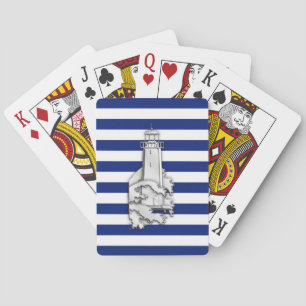 Chrome Style Lighthouse on Blue Nautical Stripes Poker Cards