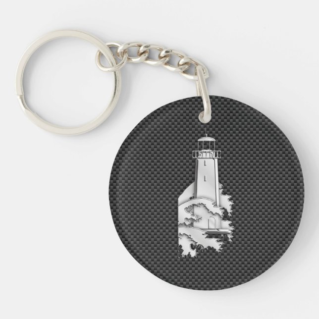 Chrome Style Lighthouse on Carbon Fiber Keychain (Front)