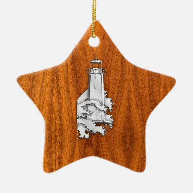 Chrome Style Lighthouse on Teak Wood Decor Ceramic Ornament (Front)