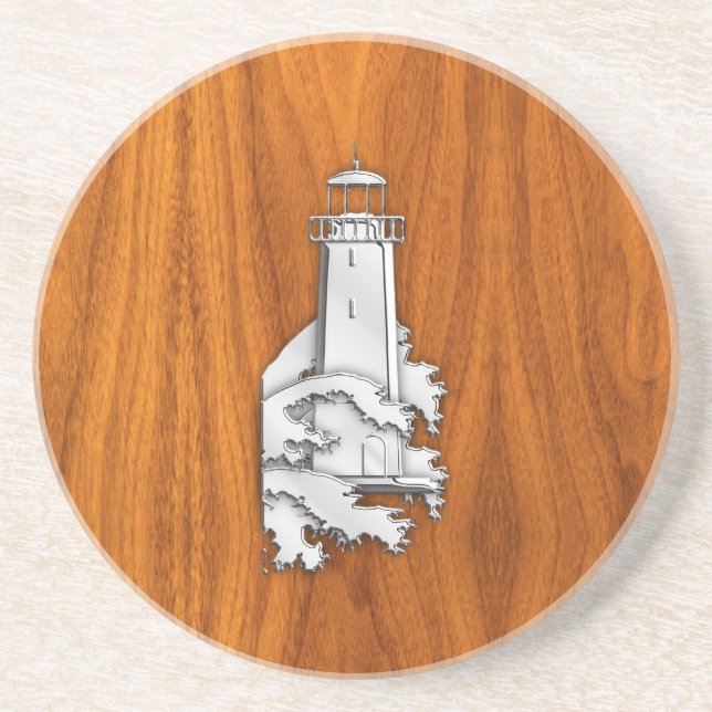 Chrome Style Lighthouse on Teak Wood Decor Drink Coaster (Front)