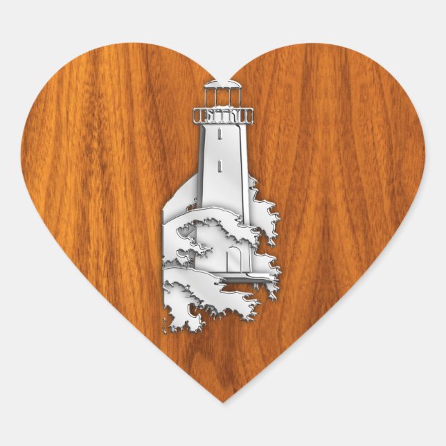 Chrome Style Lighthouse on Teak Wood Decor Heart Sticker (Front)