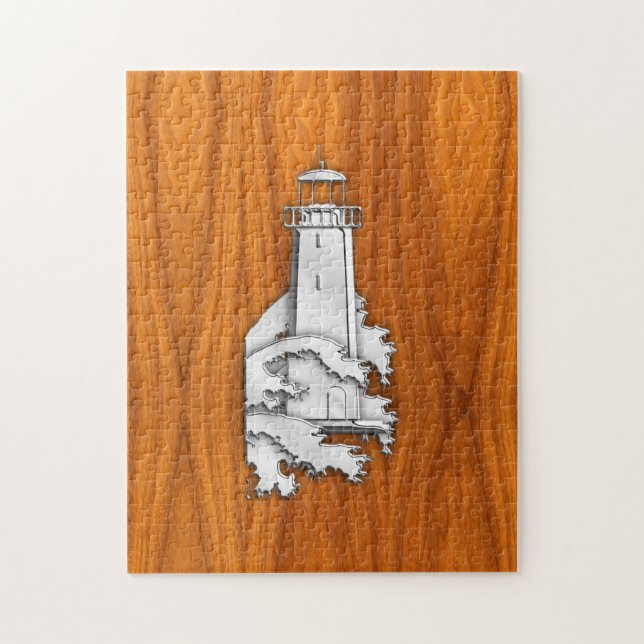 Chrome Style Lighthouse on Teak Wood Decor Jigsaw Puzzle (Vertical)