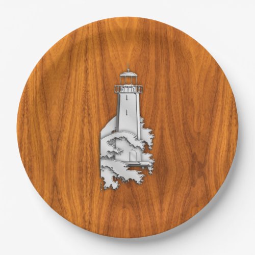 Chrome Style Lighthouse on Teak Wood Decor Paper Plates