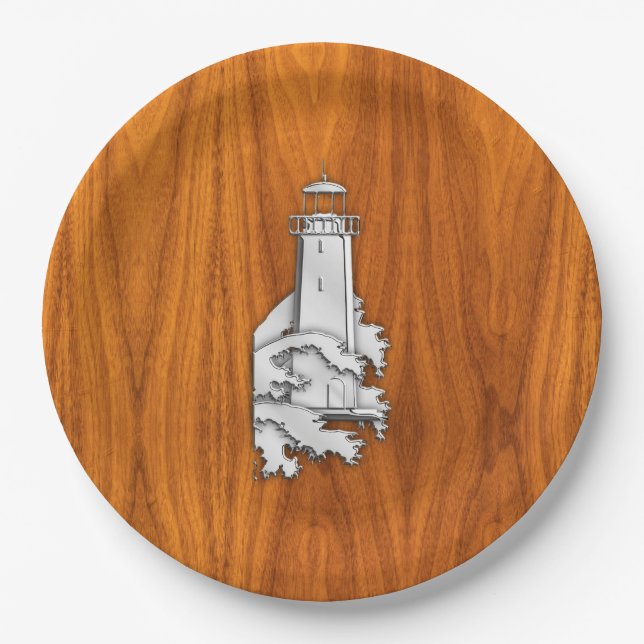 Chrome Style Lighthouse on Teak Wood Decor Paper Plates (Front)