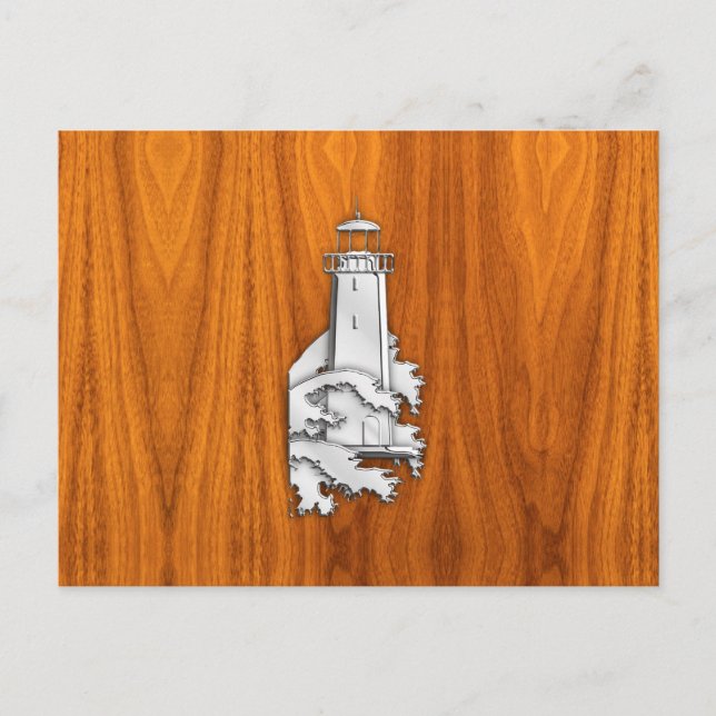 Chrome Style Lighthouse on Teak Wood Decor Postcard (Front)