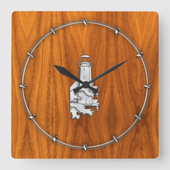 Chrome Style Lighthouse on Teak Wood Decor Square Wall Clock (Front)