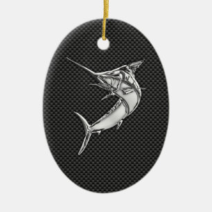 Chrome Style Marlin on Carbon Fiber Ceramic Ornament