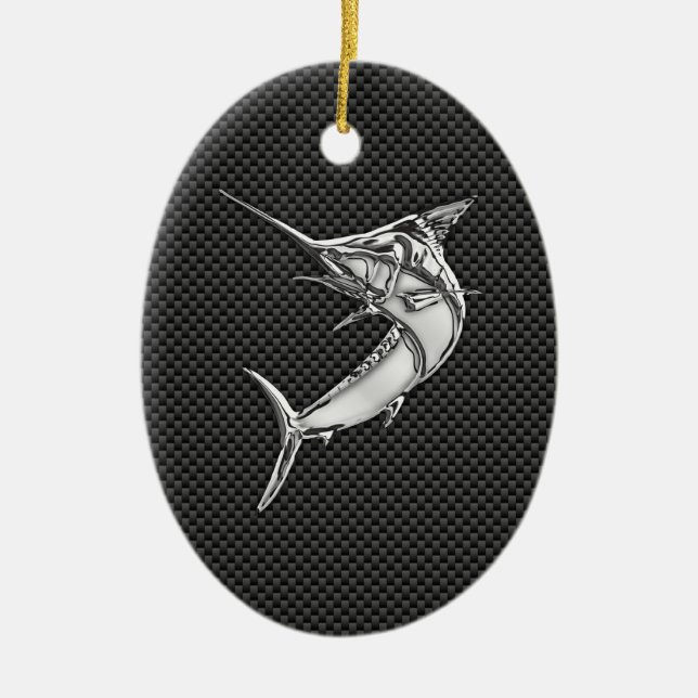 Chrome Style Marlin on Carbon Fiber Ceramic Ornament (Front)