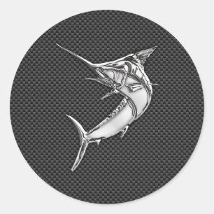 Chrome Style Marlin on Carbon Fiber Classic Round Sticker