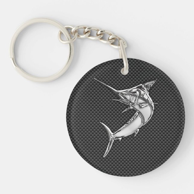 Chrome Style Marlin on Carbon Fiber Keychain (Front)