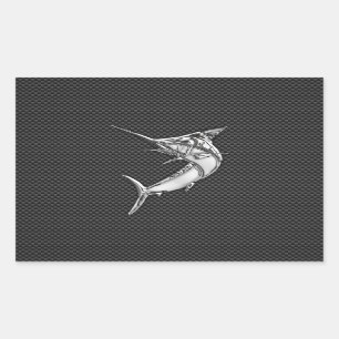 Chrome Style Marlin on Carbon Fiber Rectangular Sticker