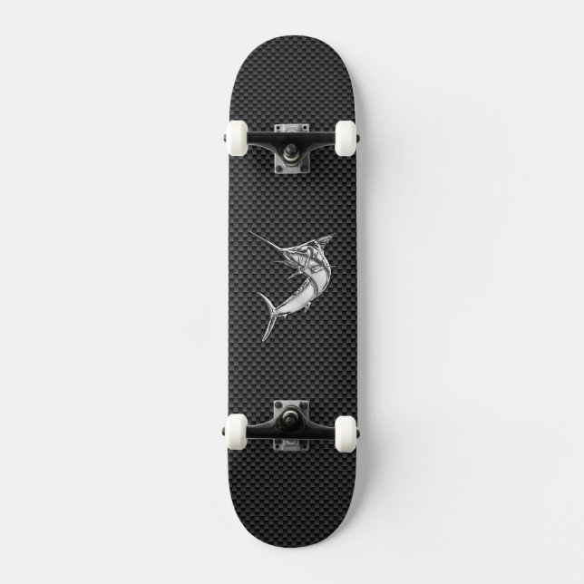 Chrome Style Marlin on Carbon Fiber Skateboard (Front)