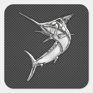 Chrome Style Marlin on Carbon Fiber Square Sticker