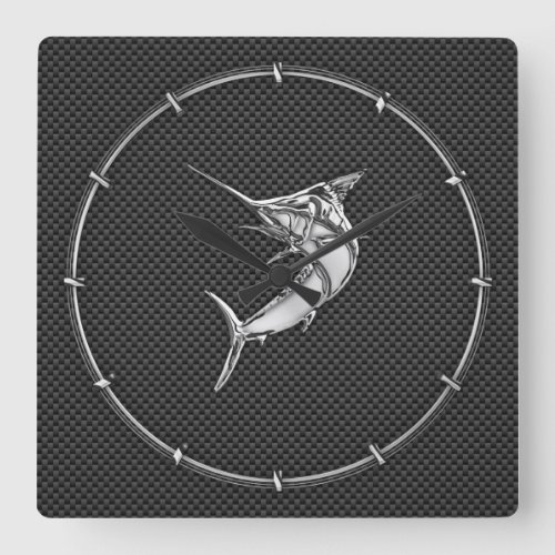 Chrome Style Marlin on Carbon Fiber Square Wall Clock