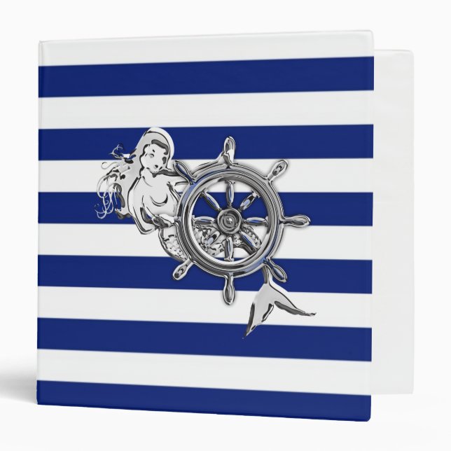 Chrome Style Mermaid on Nautical Stripes 3 Ring Binder (Front/Inside)