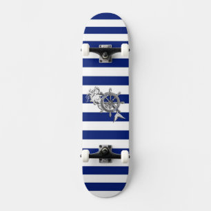 Chrome Style Mermaid on Nautical Stripes Skateboard Deck