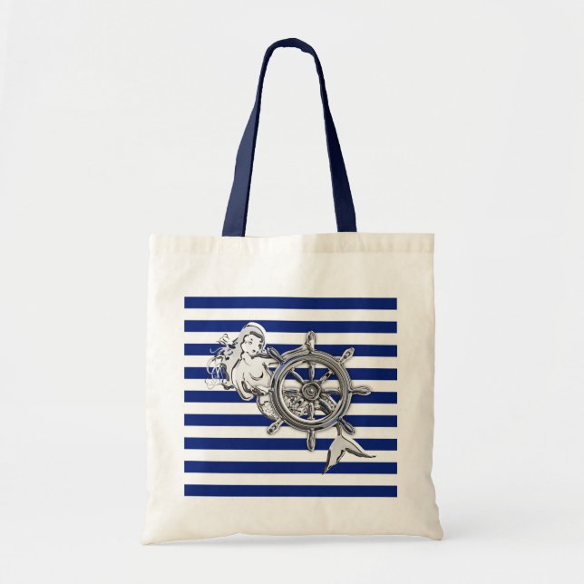Chrome Style Mermaid on Nautical Stripes Tote Bag (Front)