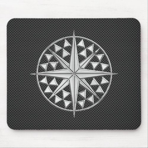 Chrome Style Nautical Compass Star on Carbon Fiber Mouse Pad