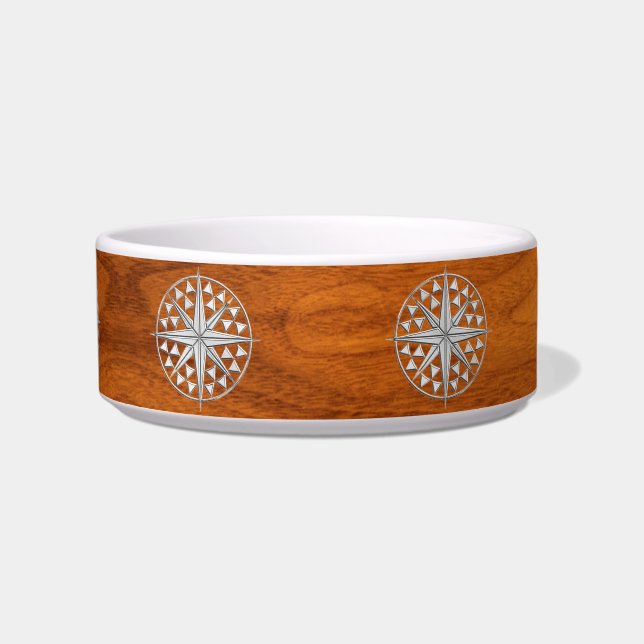 Chrome Style Nautical Compass Star on Teak Veneer Bowl (Front)
