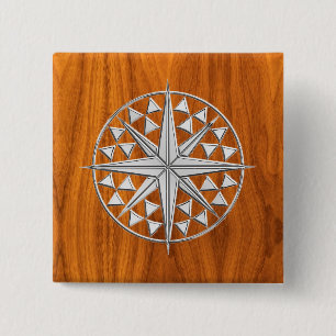 Chrome Style Nautical Compass Star on Teak Veneer Pinback Button