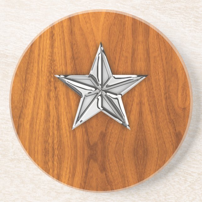 Chrome Style Nautical Star on Teak Veneer Drink Coaster (Front)
