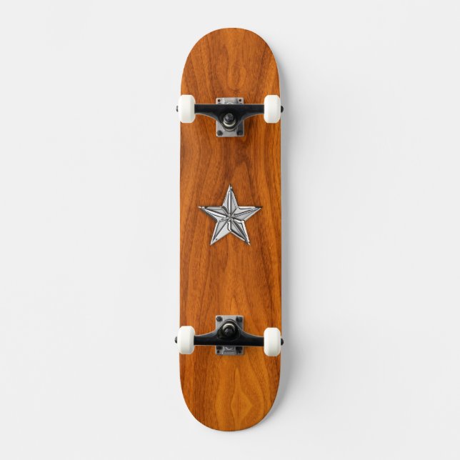 Chrome Style Nautical Star on Teak Veneer Skateboard Deck (Front)