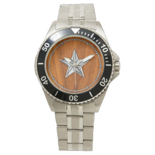 Chrome Style Nautical Star on Teak Veneer Watch