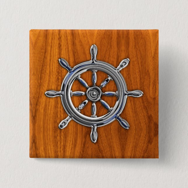 Chrome Style Nautical Wheel on Teak Veneer Button (Front)