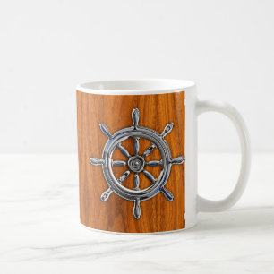 Chrome Style Nautical Wheel on Teak Veneer Coffee Mug