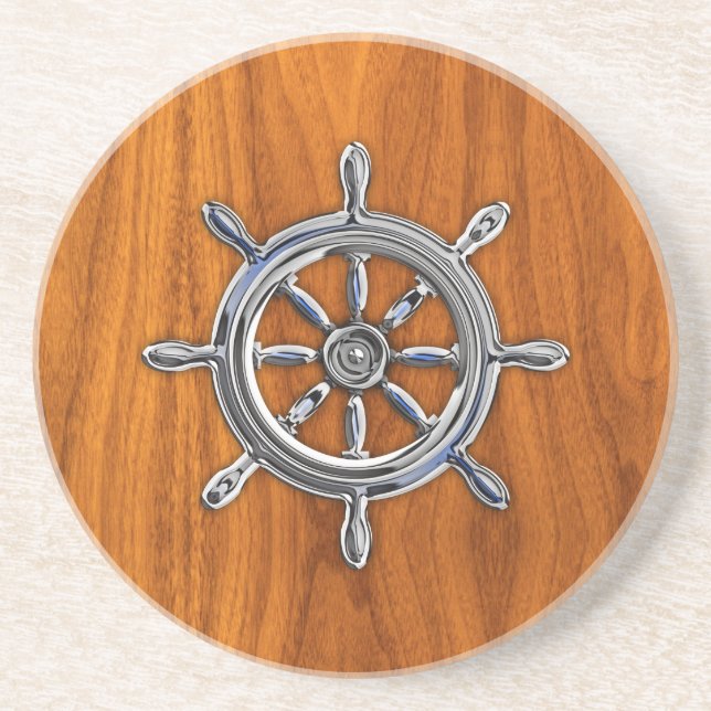Chrome Style Nautical Wheel on Teak Veneer Sandstone Coaster (Front)