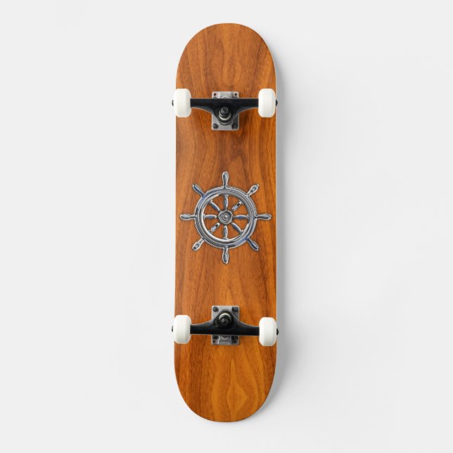 Chrome Style Nautical Wheel on Teak Veneer Skateboard (Front)