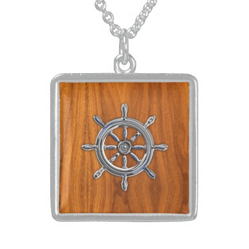 Chrome Style Nautical Wheel on Teak Veneer Sterling Silver Necklace