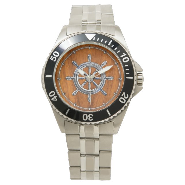 Chrome Style Nautical Wheel on Teak Veneer Watch (Front)