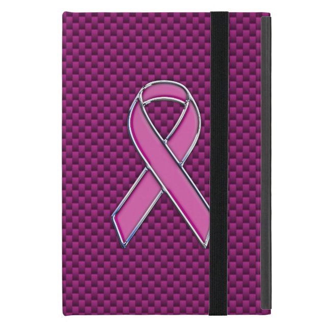 Chrome Style Pink Ribbon Awareness Carbon Fiber iPad Mini Case (Front Closed)