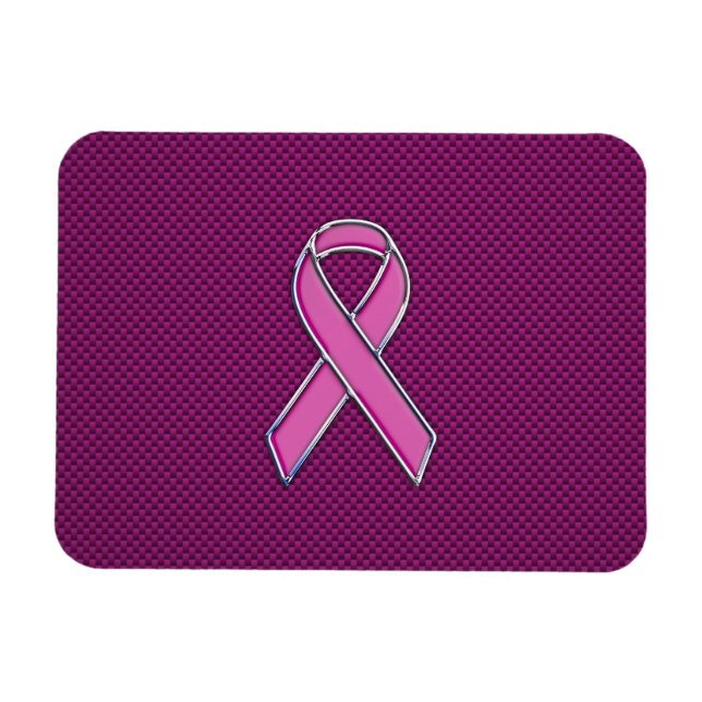Chrome Style Pink Ribbon Awareness Carbon Fiber Magnet (Horizontal)
