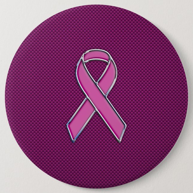 Chrome Style Pink Ribbon Awareness Carbon Fiber Pinback Button (Front)