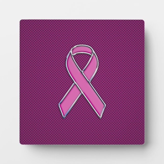 Chrome Style Pink Ribbon Awareness Carbon Fiber Plaque (Front)