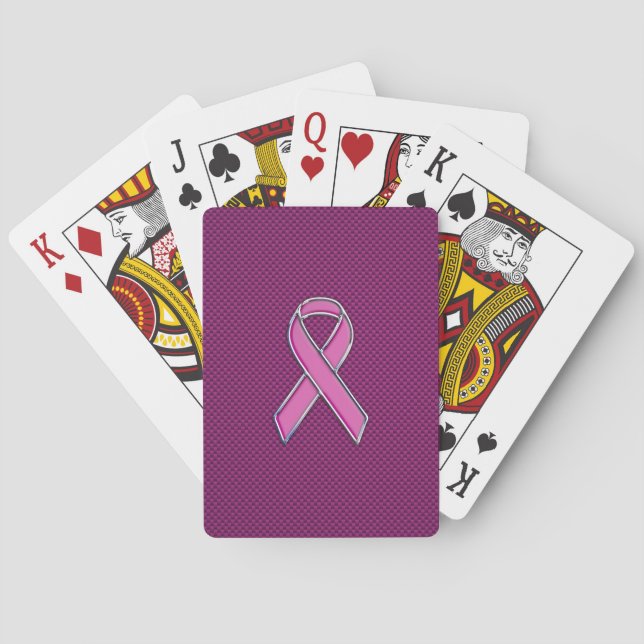 Chrome Style Pink Ribbon Awareness Carbon Fiber Poker Cards (Back)