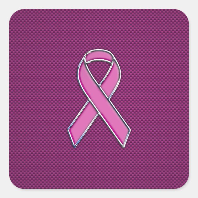 Chrome Style Pink Ribbon Awareness Carbon Fiber Square Sticker (Front)