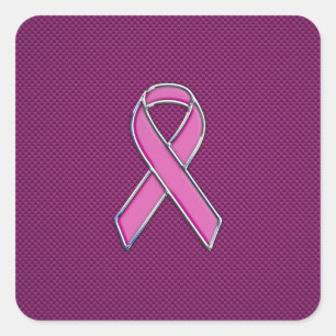 Chrome Style Pink Ribbon Awareness Carbon Fiber Square Sticker